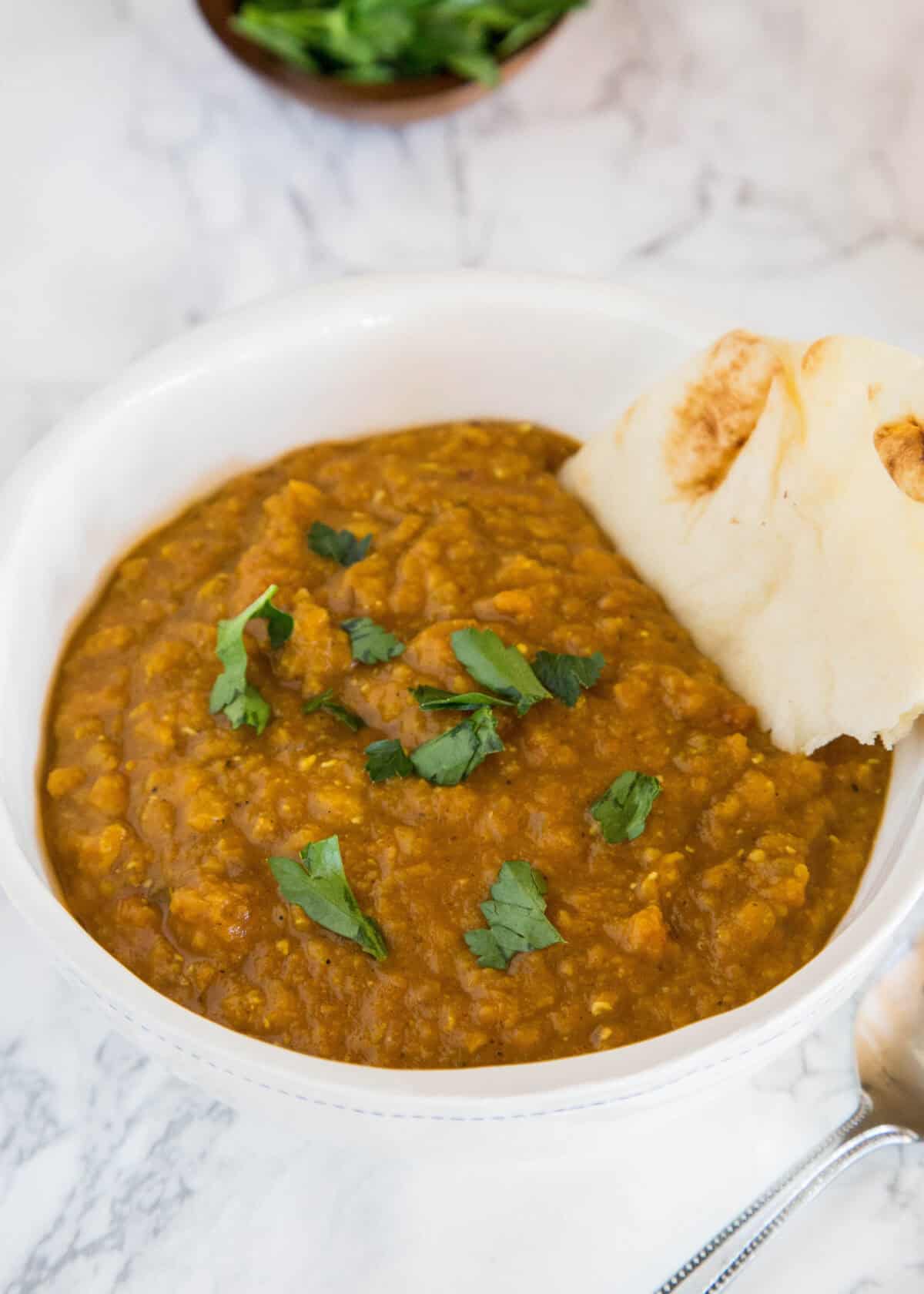 looking down on bowl of lentil soup